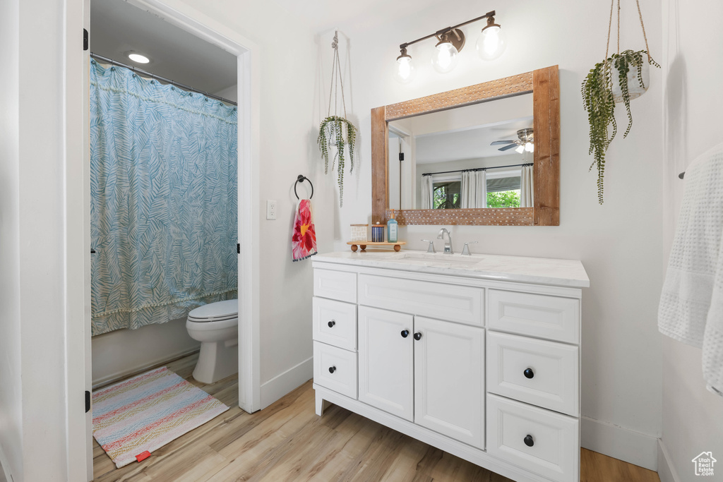 Bathroom with toilet, wood finished floors, vanity, baseboards, and curtained shower