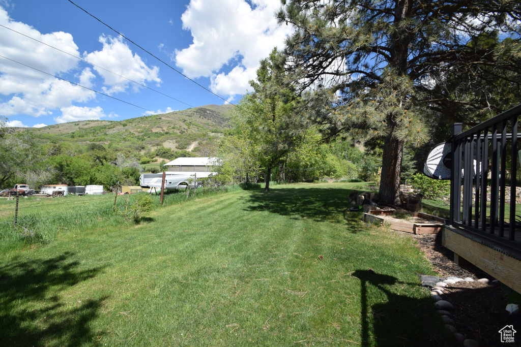 View of grassy yard with a mountain view