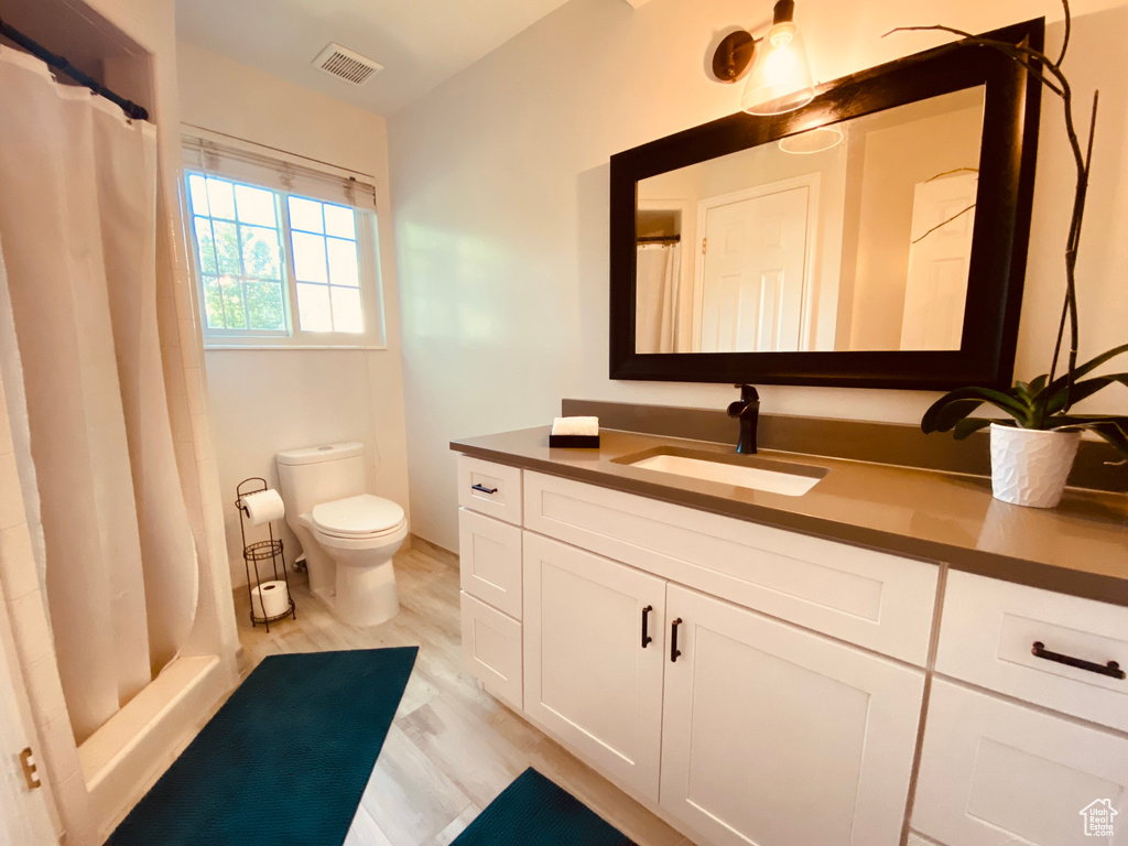 Bathroom featuring toilet, vanity, and a shower with curtain
