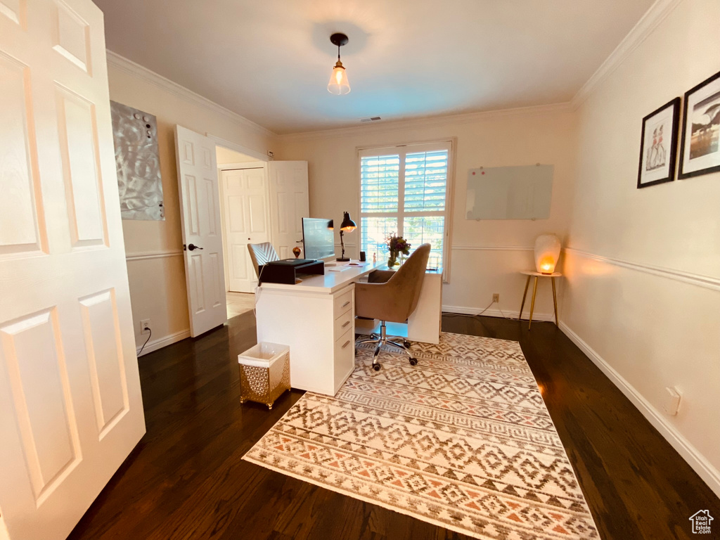 Office space with dark wood-style flooring, ornamental molding, and baseboards