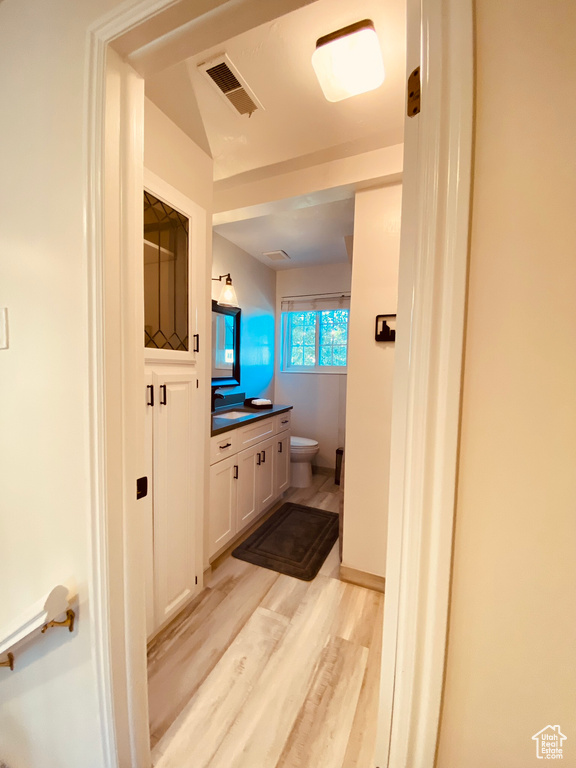 Bathroom featuring toilet, vanity, and wood finished floors