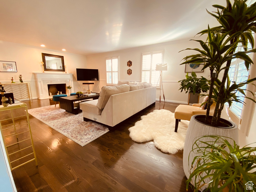 Living room featuring dark wood-style floors, recessed lighting, a fireplace, and baseboards