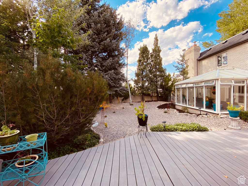 Deck with a fenced backyard