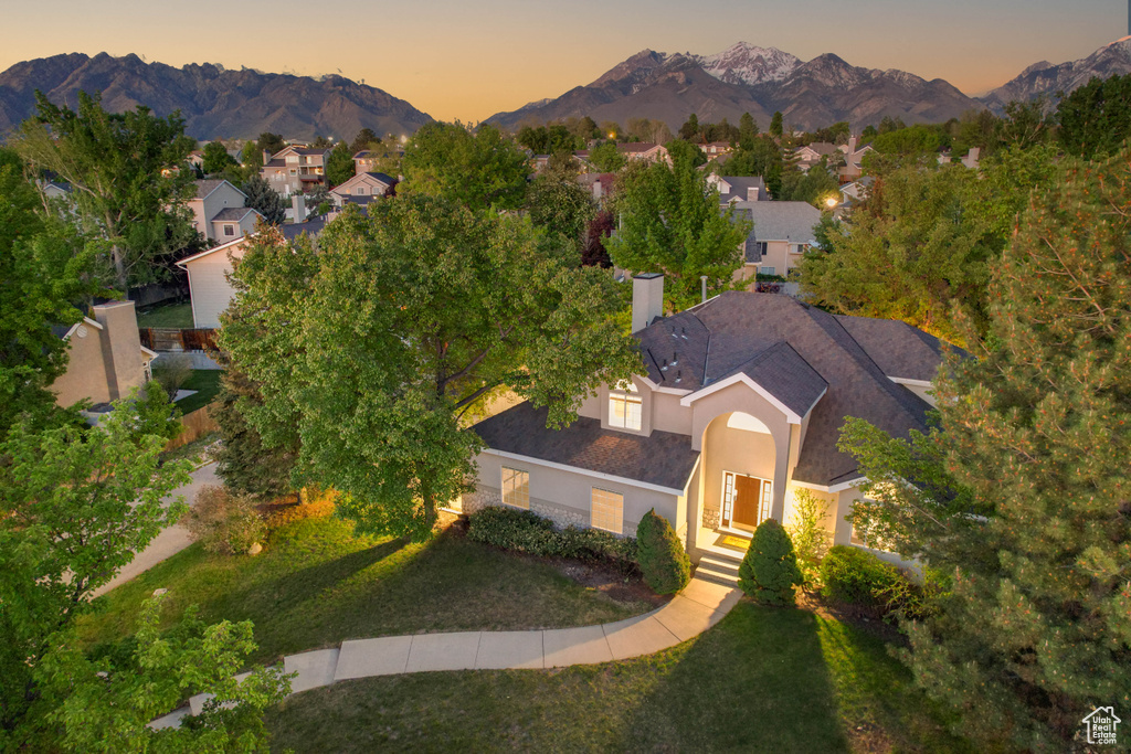 Aerial view at dusk of a mountain view