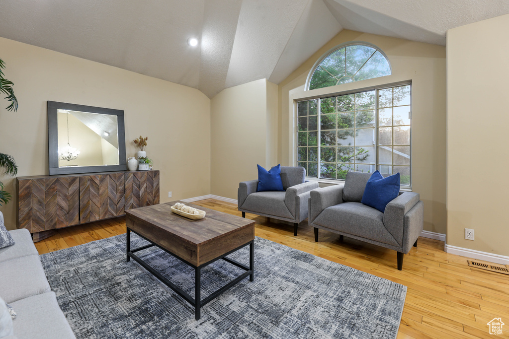 Living room featuring wood finished floors, baseboards, and lofted ceiling