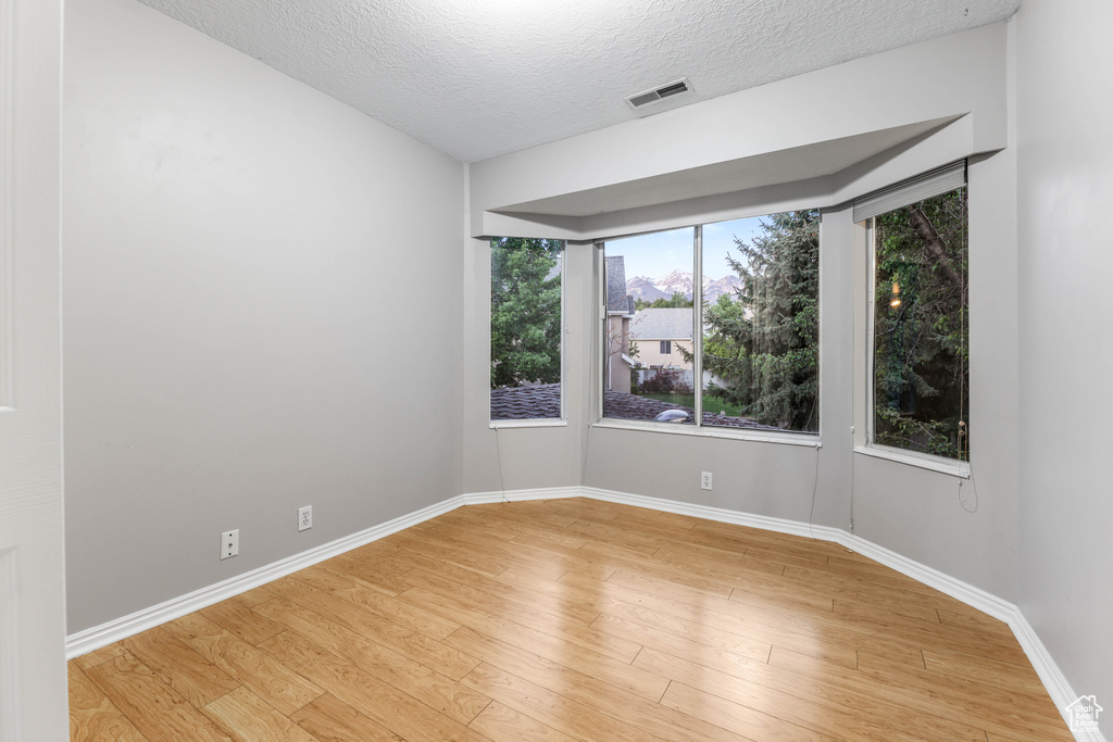 Unfurnished room with a textured ceiling, light wood-style floors, and baseboards