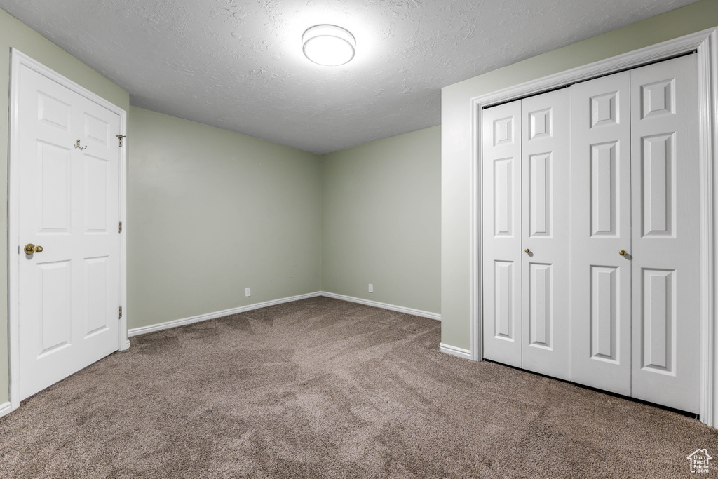 Unfurnished bedroom with carpet floors, a textured ceiling, baseboards, and a closet