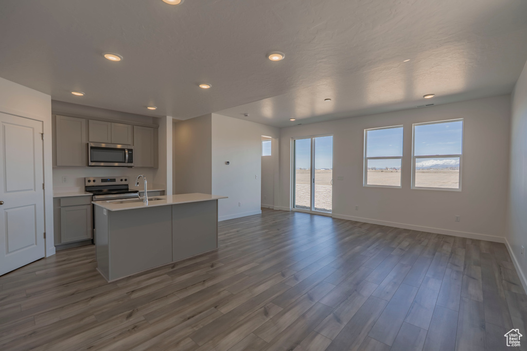 Kitchen with appliances with stainless steel finishes, gray cabinetry, baseboards, light countertops, and recessed lighting