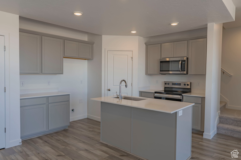 Kitchen featuring appliances with stainless steel finishes, a sink, gray cabinets, light wood-type flooring, and a center island with sink