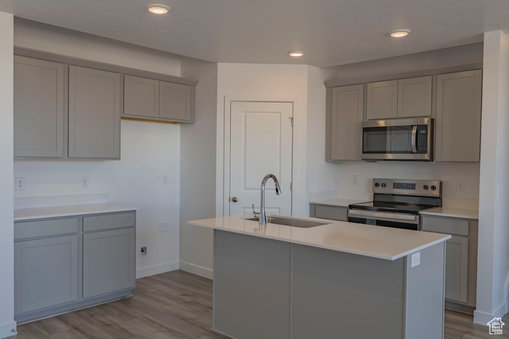Kitchen featuring stainless steel appliances, a sink, gray cabinetry, light wood-style floors, and recessed lighting
