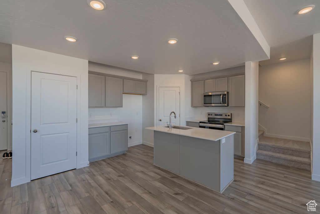 Kitchen with appliances with stainless steel finishes, gray cabinets, a sink, light wood-style flooring, and baseboards