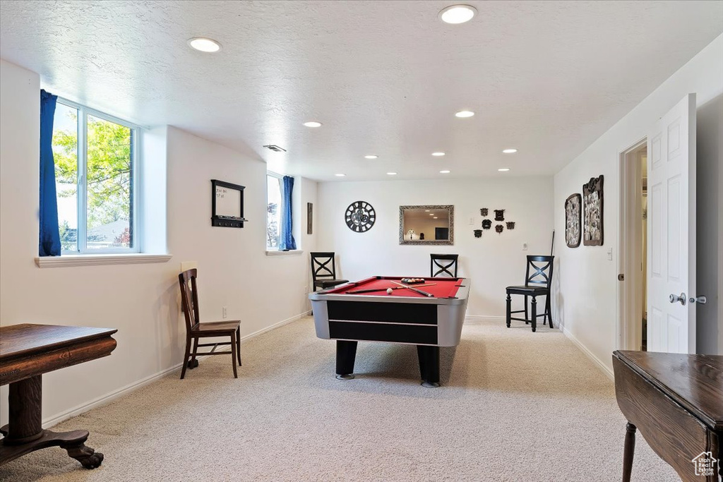 Recreation room featuring billiards table, carpet flooring, recessed lighting, plenty of natural light, and baseboards