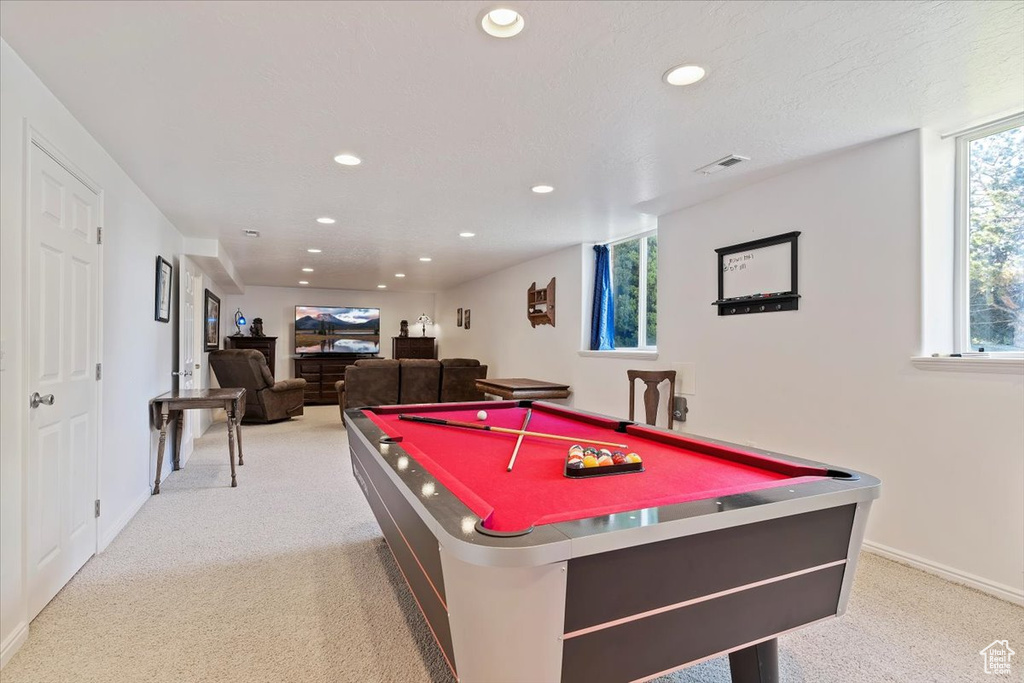 Recreation room with carpet, recessed lighting, pool table, and baseboards