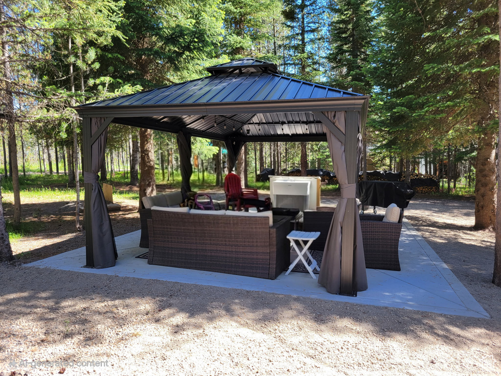 View of patio / terrace with a gazebo, an outdoor living space, and view of wooded area