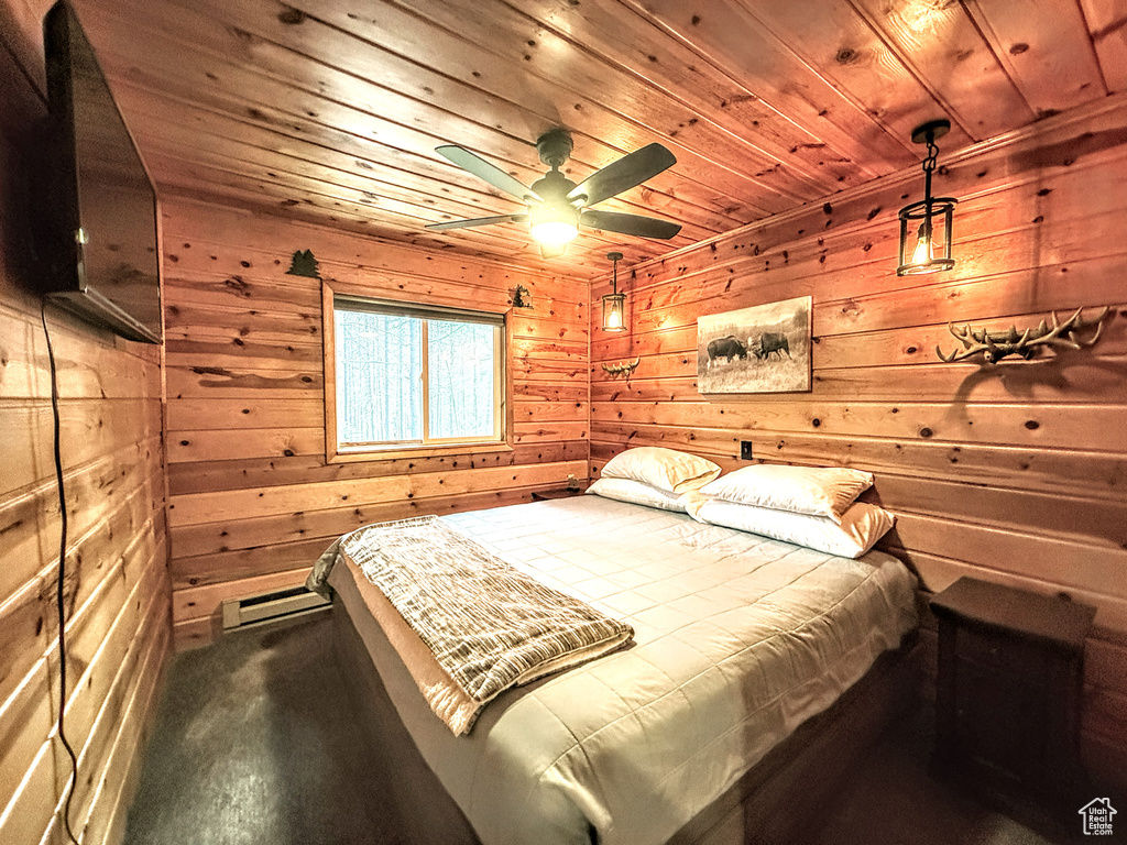 Bedroom featuring wooden ceiling, wooden walls, and a ceiling fan