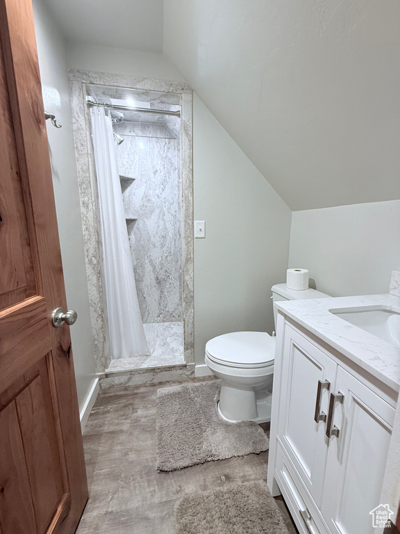 Full bathroom featuring vaulted ceiling, a shower stall, toilet, vanity, and baseboards