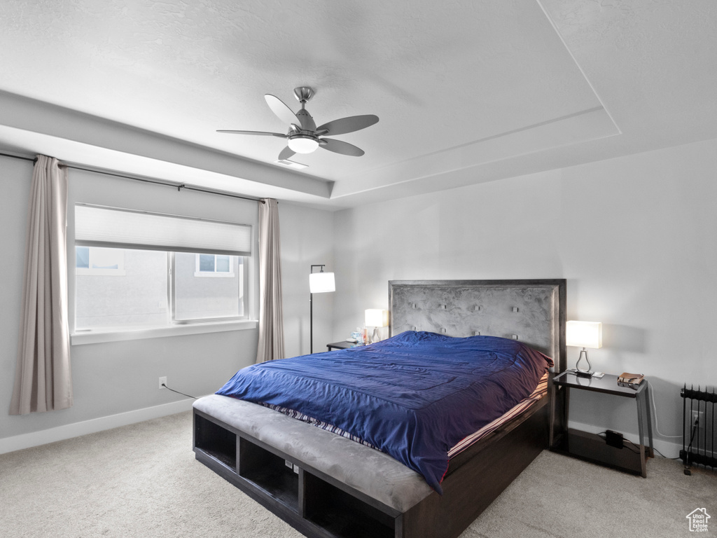 Bedroom featuring radiator, carpet flooring, a tray ceiling, baseboards, and ceiling fan