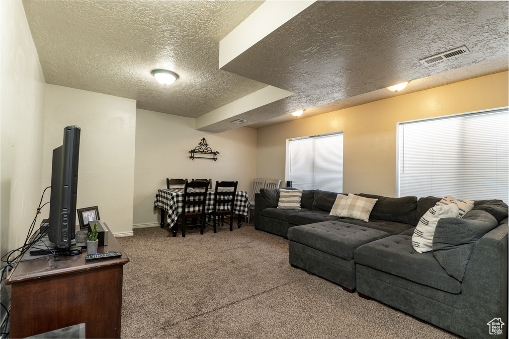 Carpeted living room with a textured ceiling and baseboards