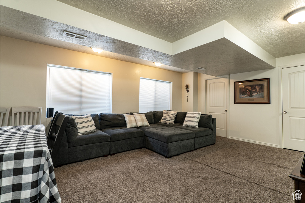 Carpeted living room with a textured ceiling