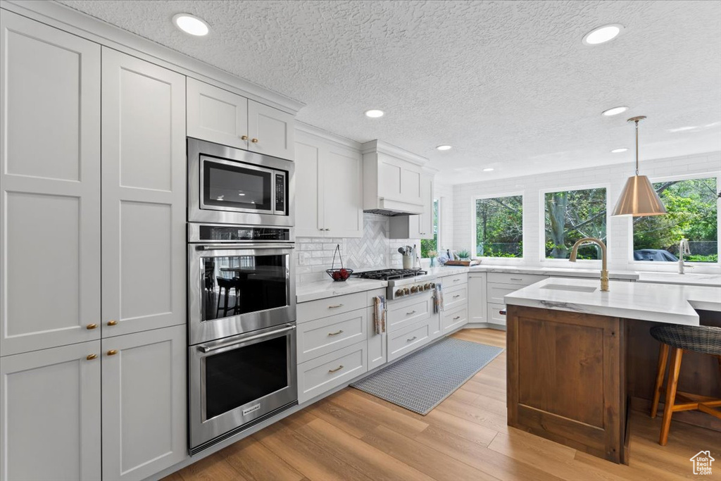 Kitchen with appliances with stainless steel finishes, a sink, decorative backsplash, light wood-type flooring, and recessed lighting