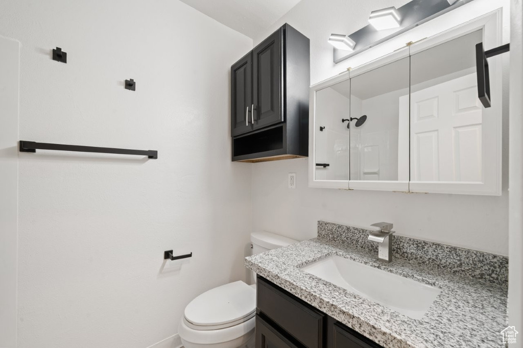 Bathroom featuring toilet, vanity, and a shower