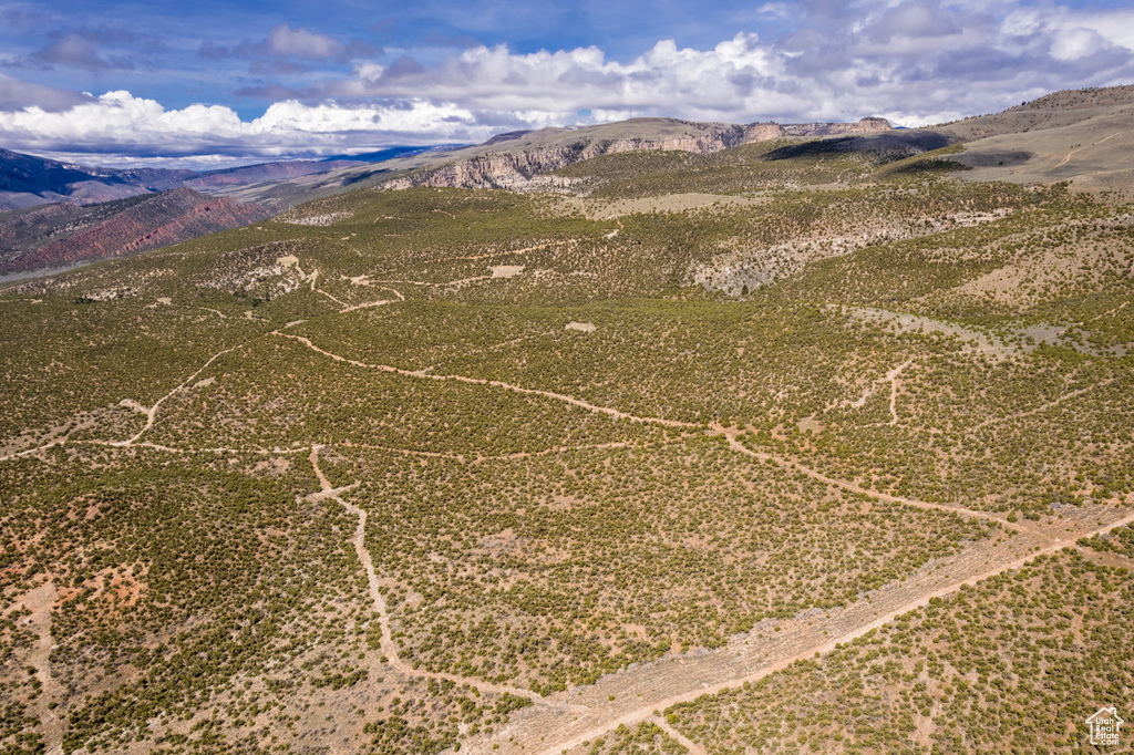 Overview of rural landscape featuring a mountain backdrop