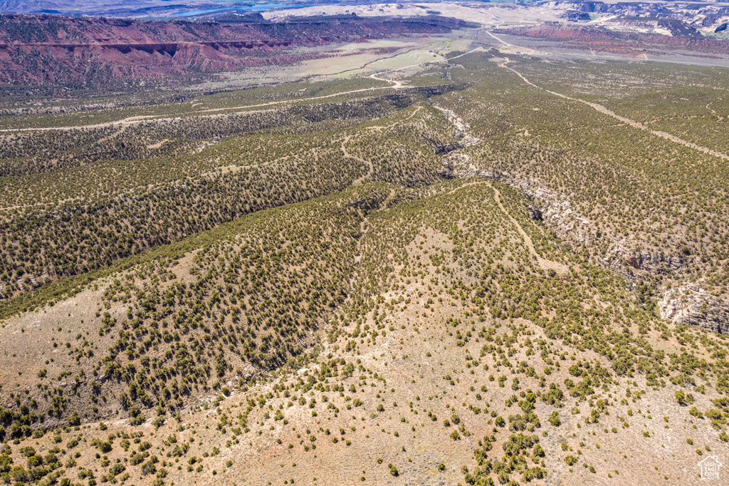 Aerial view of sparsely populated area with a mountain backdrop