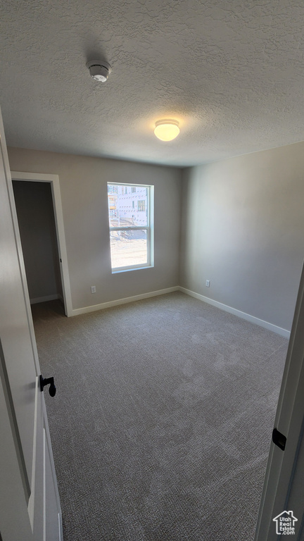 Unfurnished room featuring carpet flooring, baseboards, a textured ceiling, and a smoke detector