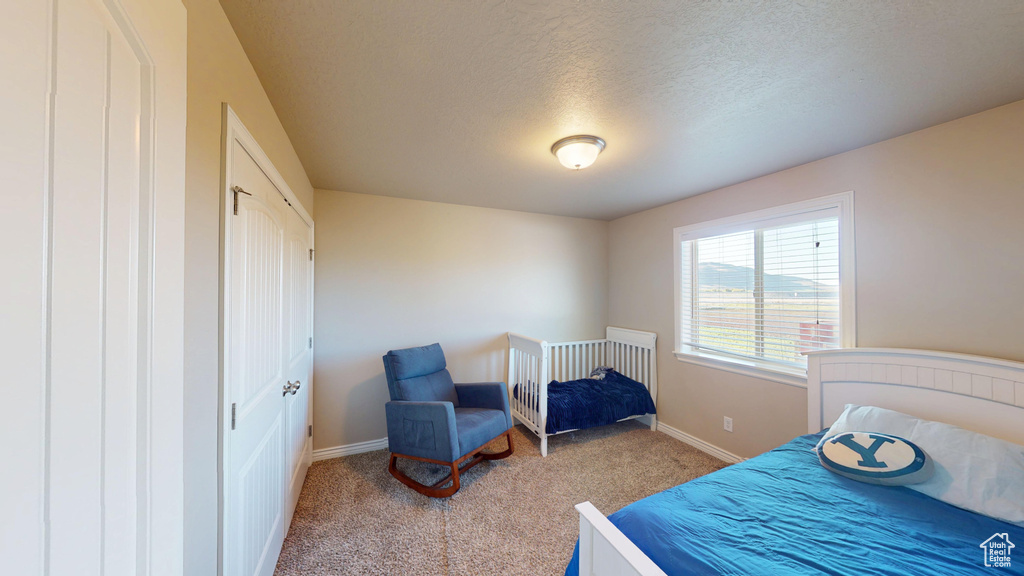 Bedroom with baseboards, carpet floors, and a textured ceiling
