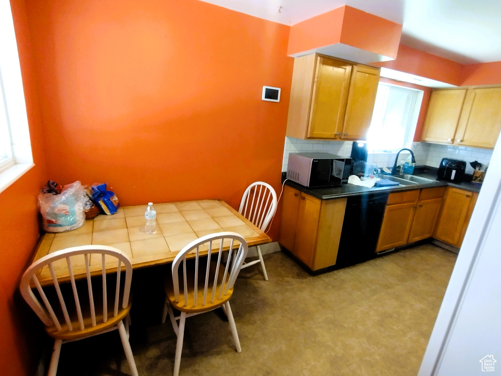 Kitchen with a sink, dishwasher, decorative backsplash, and tile counters