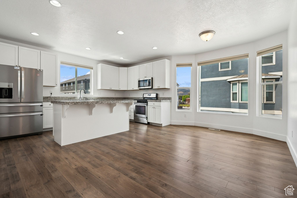 Kitchen with stainless steel appliances, a kitchen bar, white cabinets, dark wood-style floors, and recessed lighting