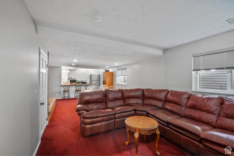 Living room with a textured ceiling, carpet floors, baseboards, and recessed lighting