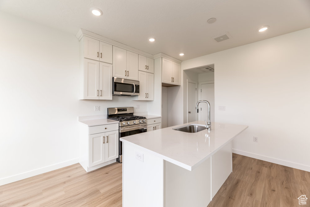 Kitchen featuring stainless steel appliances, a sink, baseboards, light wood finished floors, and recessed lighting