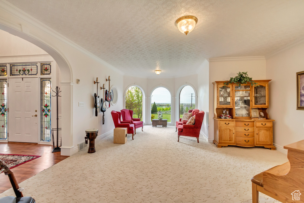 Living area with arched walkways, carpet floors, crown molding, a textured ceiling, and baseboards