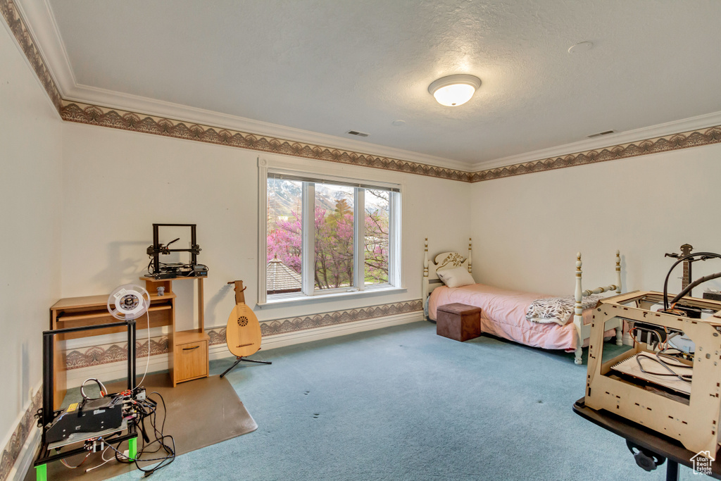 Carpeted bedroom featuring ornamental molding and baseboards