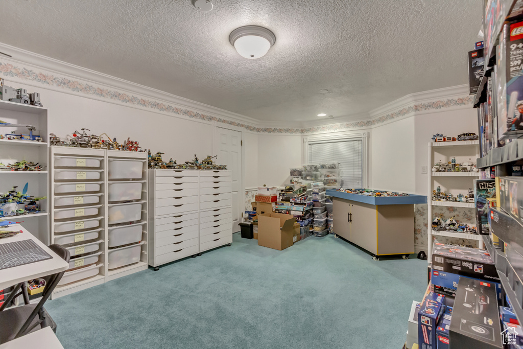 Carpeted office with a textured ceiling and crown molding