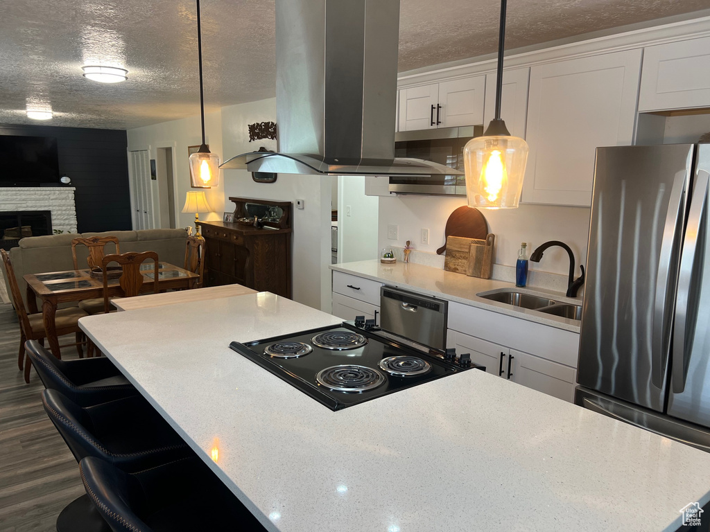 Kitchen with appliances with stainless steel finishes, a textured ceiling, island exhaust hood, a sink, and white cabinets