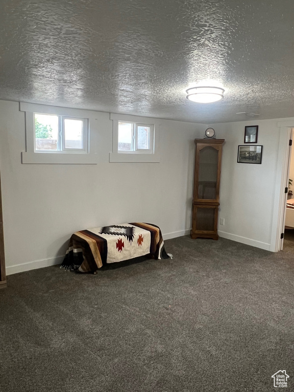 Unfurnished bedroom with a textured ceiling, carpet flooring, and baseboards