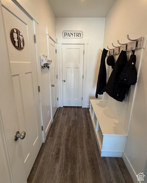 Mudroom with dark wood finished floors and baseboards