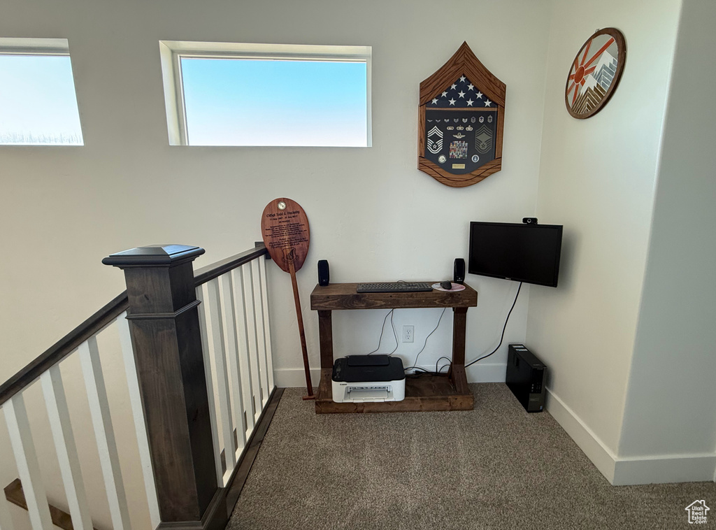 Stairway with carpet flooring and baseboards