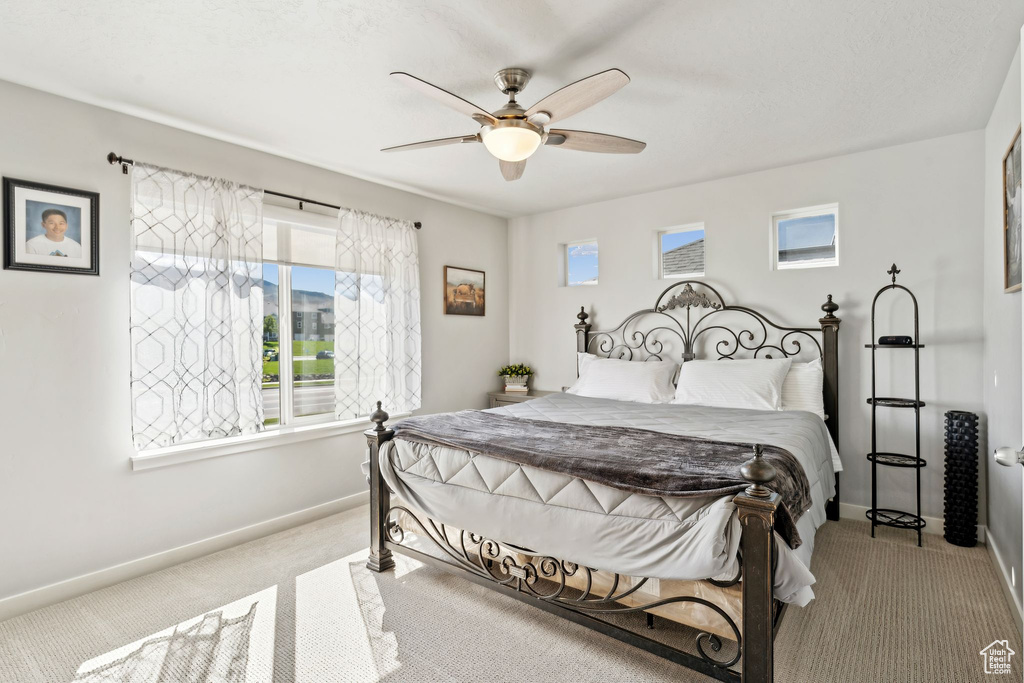 Carpeted bedroom featuring baseboards, multiple windows, and a ceiling fan