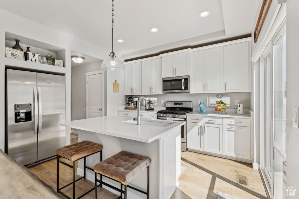 Kitchen with stainless steel appliances, a sink, light wood finished floors, recessed lighting, and light countertops