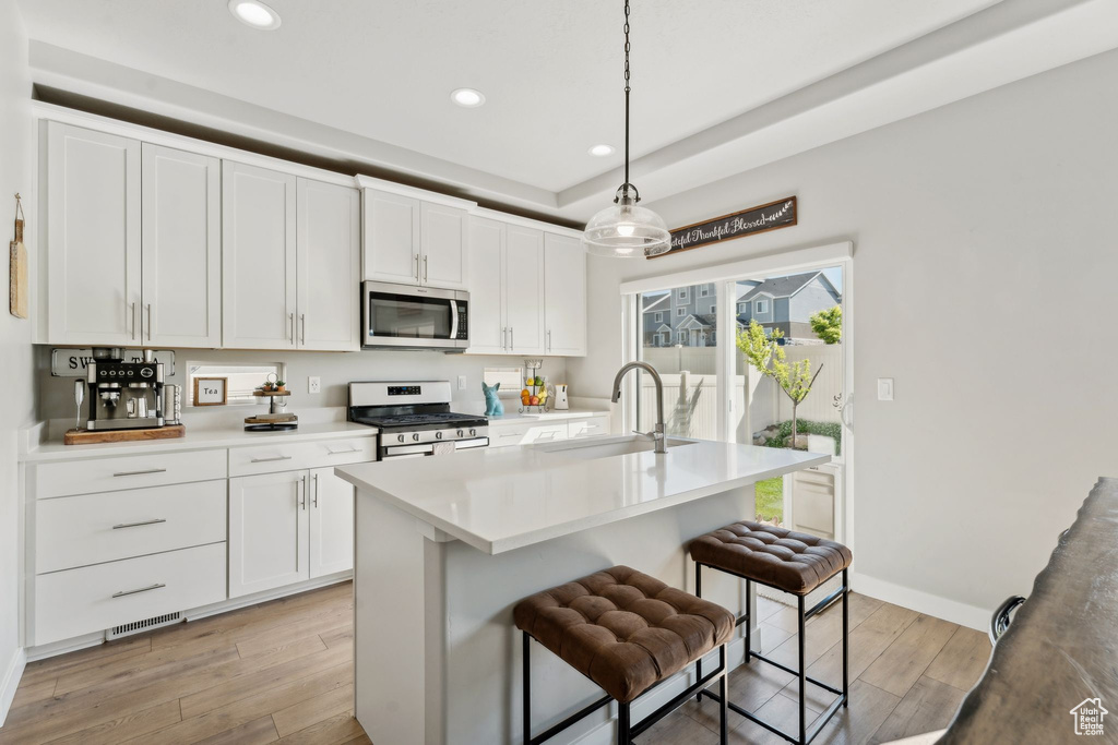 Kitchen featuring appliances with stainless steel finishes, a sink, light wood-style flooring, recessed lighting, and white cabinetry