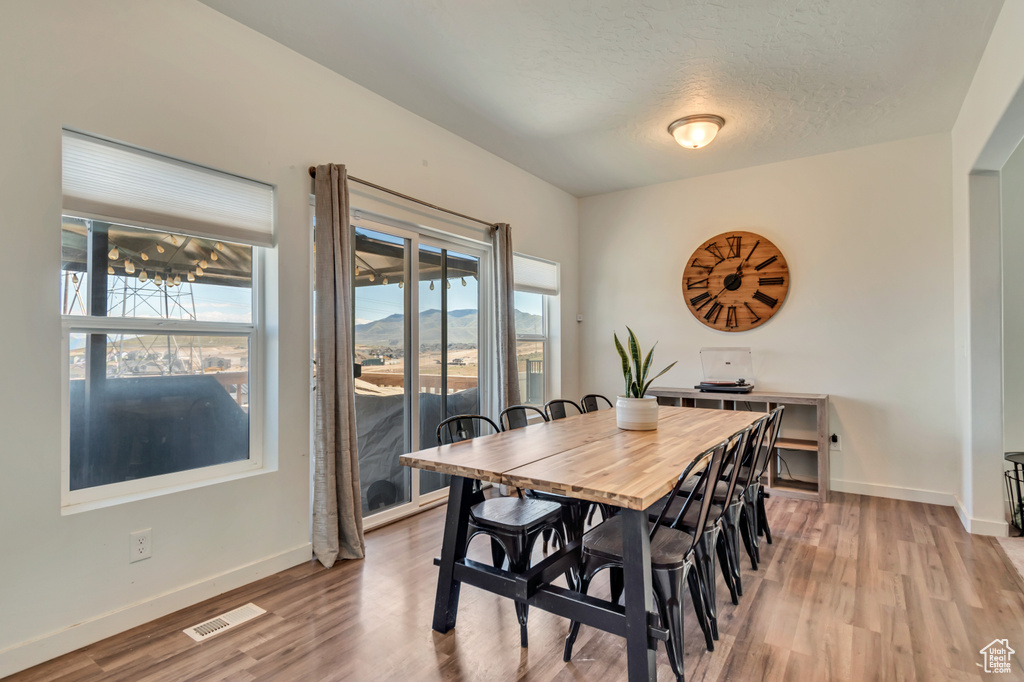 Dining room featuring light wood-style flooring, baseboards, and a textured ceiling