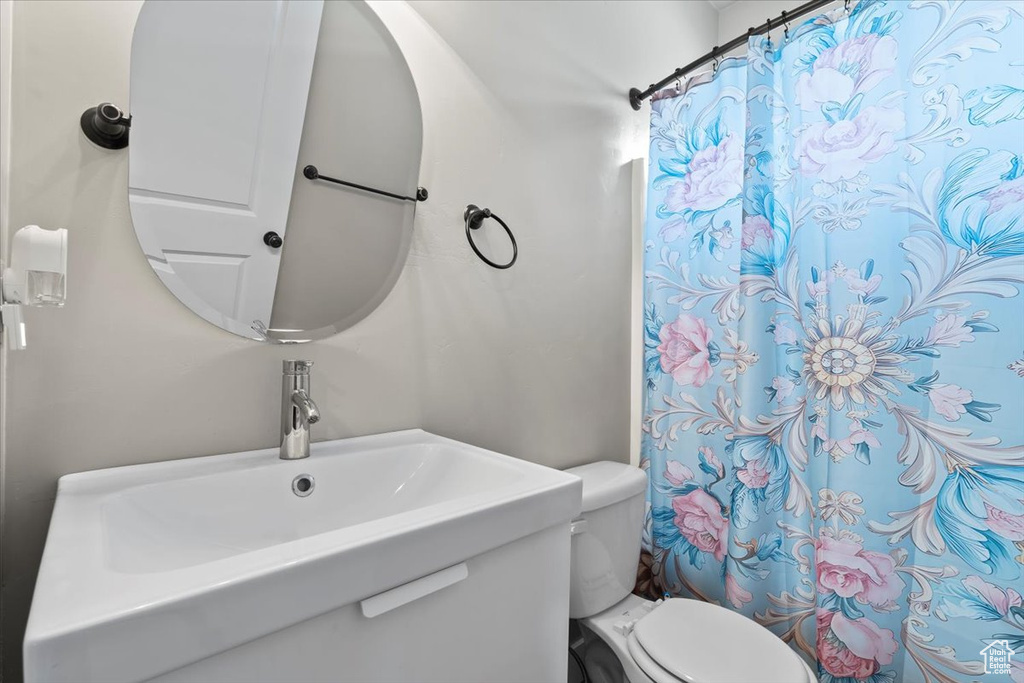 Full bathroom featuring toilet, a sink, and a shower with curtain