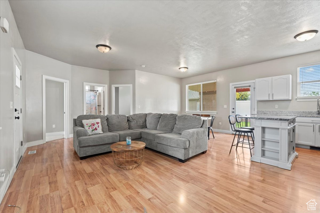 Living room featuring light wood-type flooring and baseboards