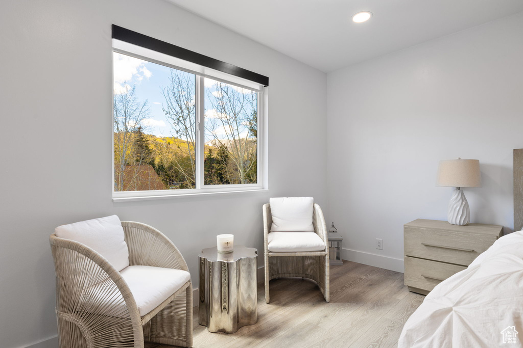 Living area with light wood-style flooring, recessed lighting, and baseboards