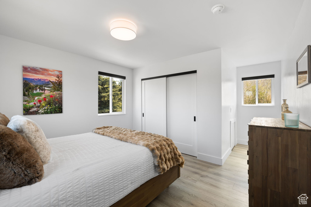 Bedroom featuring multiple windows, light wood finished floors, baseboards, and a closet
