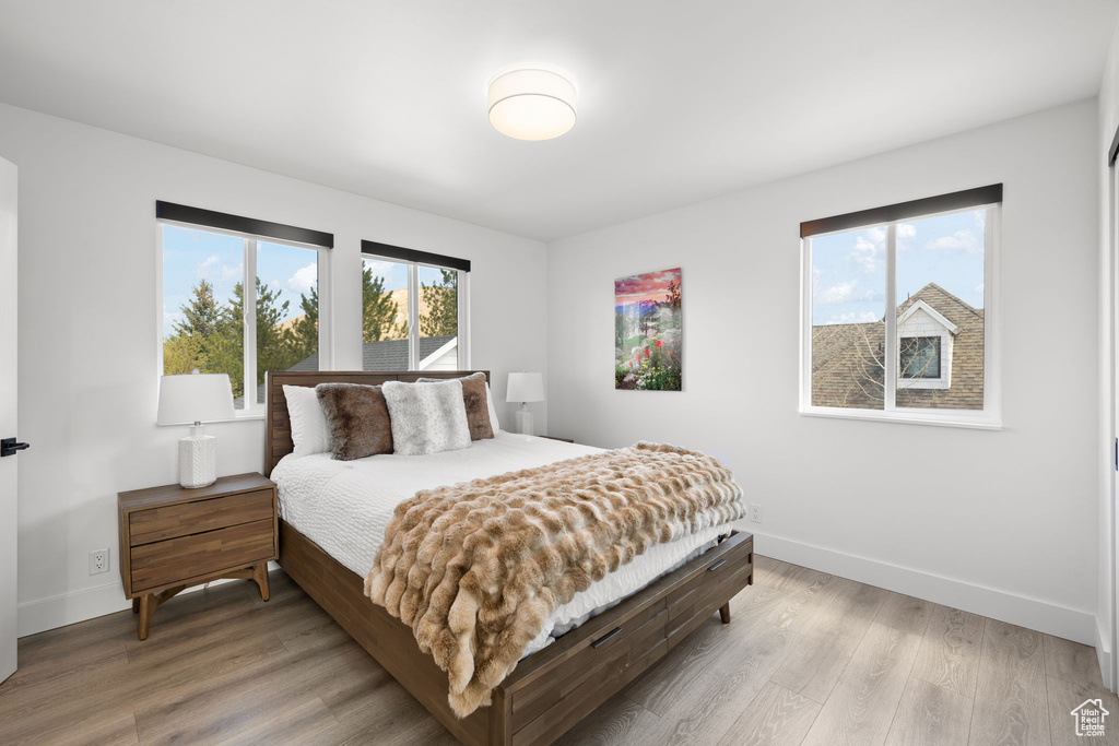 Bedroom featuring multiple windows, baseboards, and light wood-type flooring