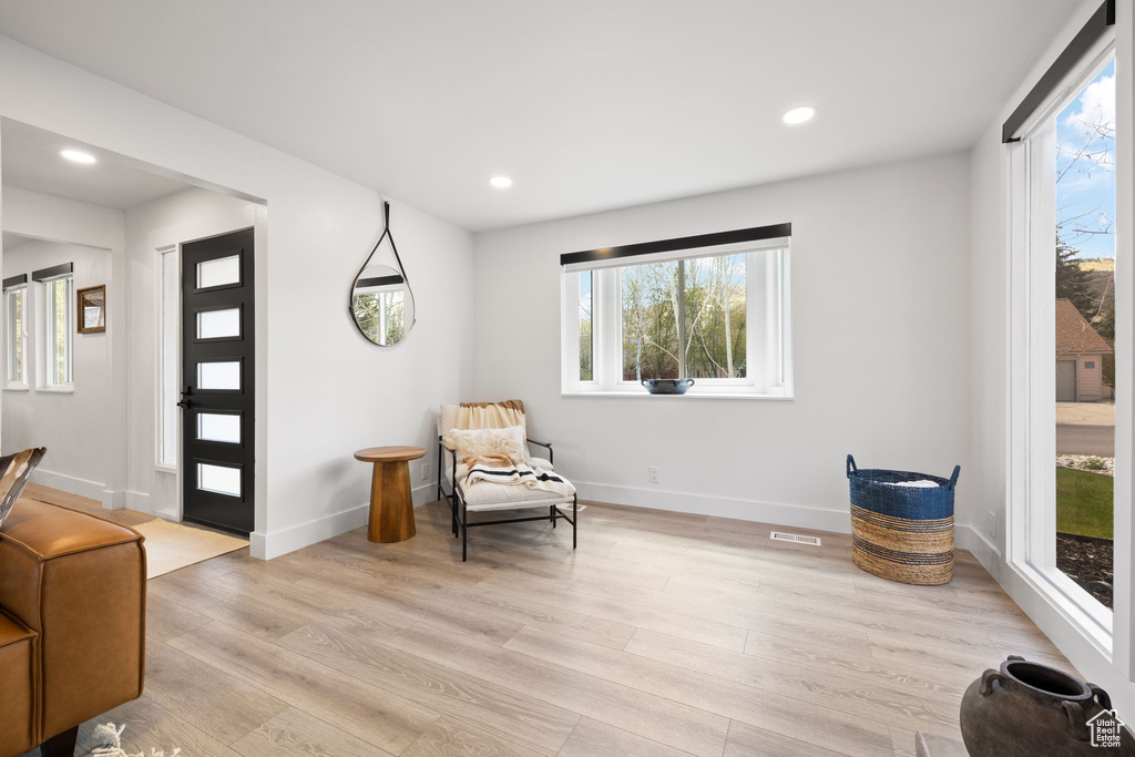 Sitting room featuring light wood-style floors, plenty of natural light, baseboards, and recessed lighting